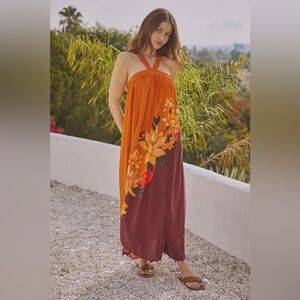 FARM RIO Orange Boho Maxi Dress Pinafore Cover Up Floral Whimsy Brown Size S NEW